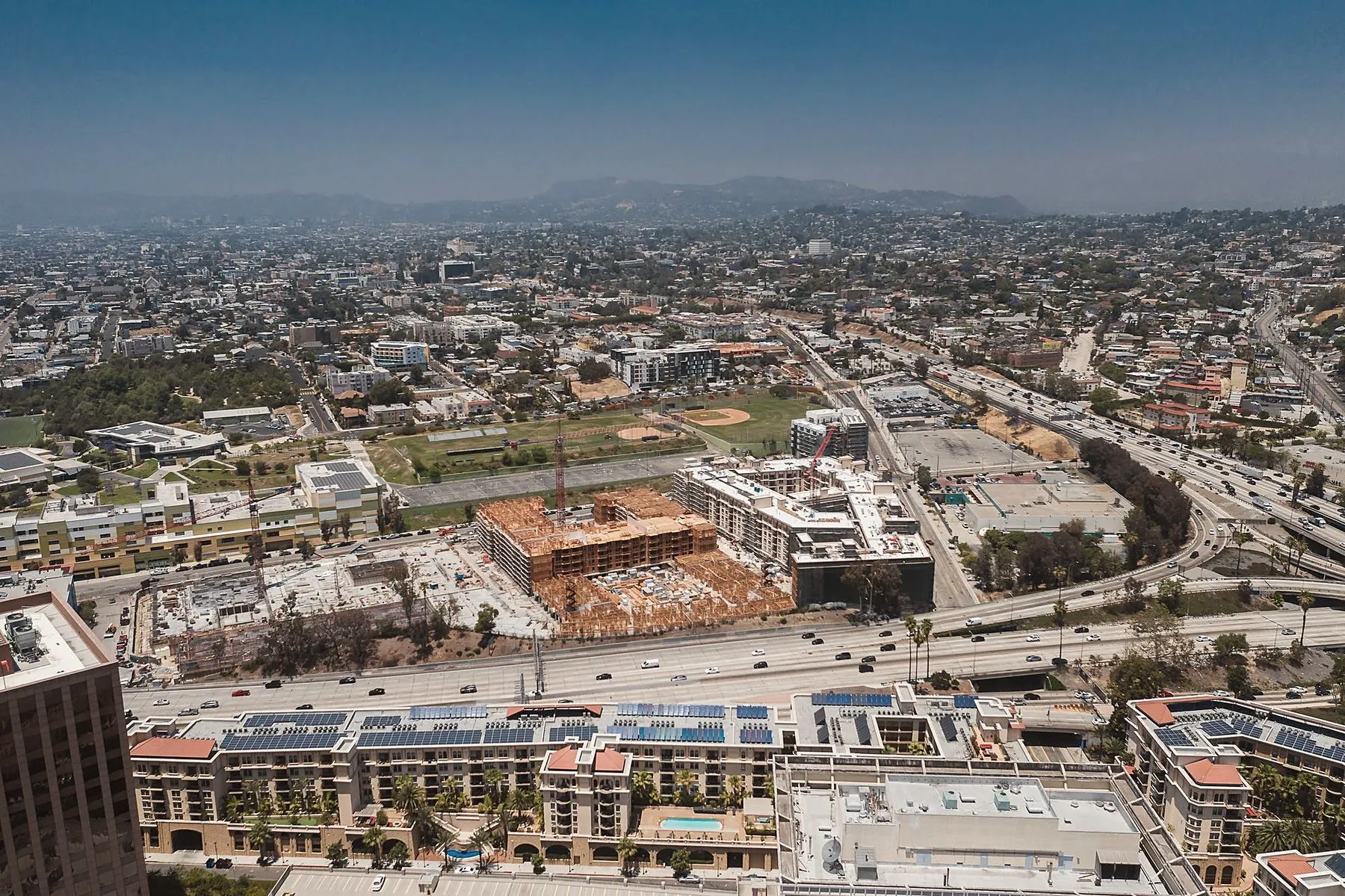 Aerial of a Los Angeles neighborhood with construction underway
