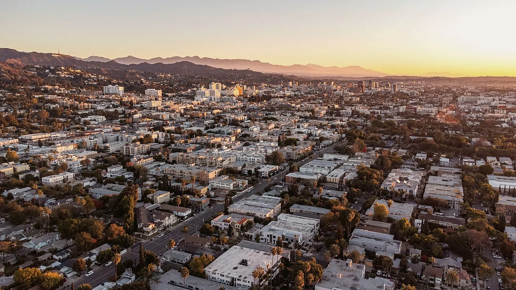 Aerial view of Los Angeles at sunset